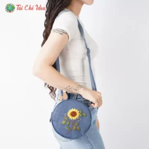 Túi Hộp Tròn Thêu Hoa Hướng Dương Từ Jeans Tái Chế